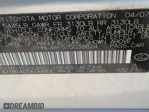 2007 Lexus LS 460 with VIN JTHBL46F575038824, listed as a IAAI auction lot 42167482 with 231,934 mi miles. Bid and sale history available at carsss.com. Image 9.