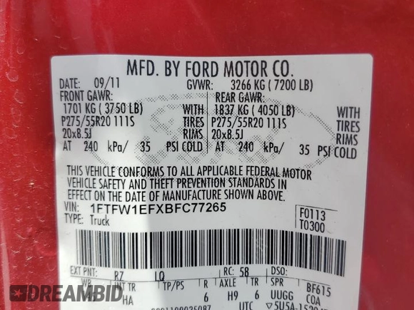 2011 Ford F-150 XL с VIN 1FTFW1EFXBFC77265, выставлен на аукционе Copart как лот 58915115 с пробегом 179 743 миль миль и Списание • Salvage title. История ставок и продаж доступна на DreamBid. Изображение 12.
