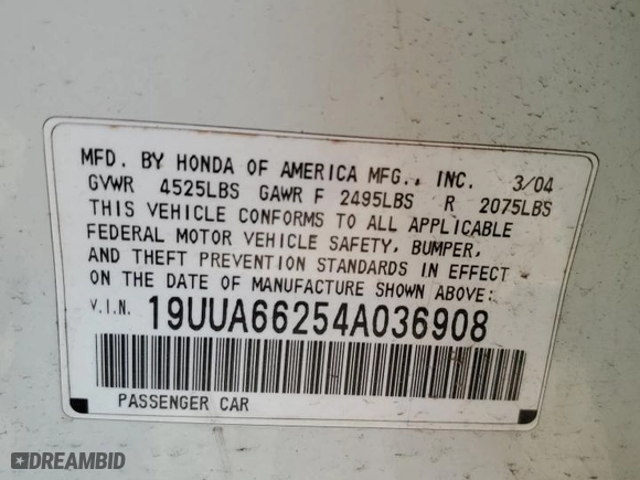 2004 Acura TL with VIN 19UUA66254A036908, listed as a Copart auction lot 53621625 with 224,661 mi miles and Salvage Title. Bid and sale history available at carsss.com. Image 12.