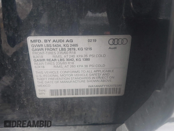 2019 Audi Q5 Premium with VIN WA1ANAFY1K2072299, listed as a IAAI auction lot 41101220 with 39,339 mi miles. Bid and sale history available at carsss.com. Image 7.