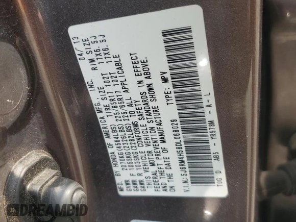 2013 Honda CR-V EX z VIN 5J6RM4H58DL068029, wystawiony jako Copart lot #60655505 z przebiegiem 97 826 mil mil oraz Szkoda całkowita • Salvage title. Historia ofert i sprzedaży dostępna na DreamBid. Obrazek 13.