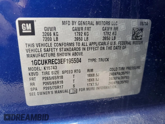 2014 Chevrolet Silverado 1500 LT with VIN 1GCUKREC3EF195504, listed as a Copart auction lot 49352085 with 128,235 mi miles and Salvage Title. Bid and sale history available at DreamBid. Image 14.