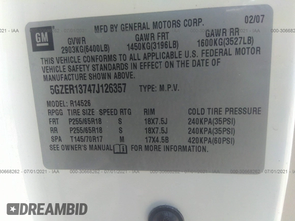 2007 Saturn Outlook XE z VIN 5GZER13747J126357, wystawiony jako IAAI lot #30668262 z przebiegiem 160 306 mil mil oraz . Historia ofert i sprzedaży dostępna na DreamBid. Obrazek 9.