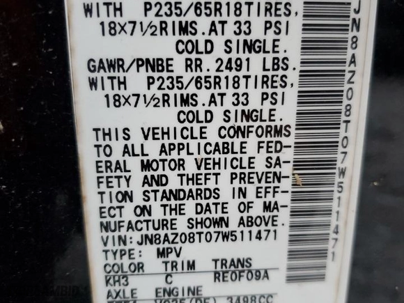 2007 Nissan Murano SL with VIN JN8AZ08T07W511471, listed as a Copart auction lot 78198414 with 0 mi miles and Clean Title. Bid and sale history available at carsss.com. Image 13.