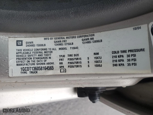 2005 Chevrolet Colorado 1SC LS Z85 with VIN 1GCDT136058164565, listed as a Copart auction lot 44322175 with 67,291 mi miles and Salvage Title. Bid and sale history available at carsss.com. Image 12.