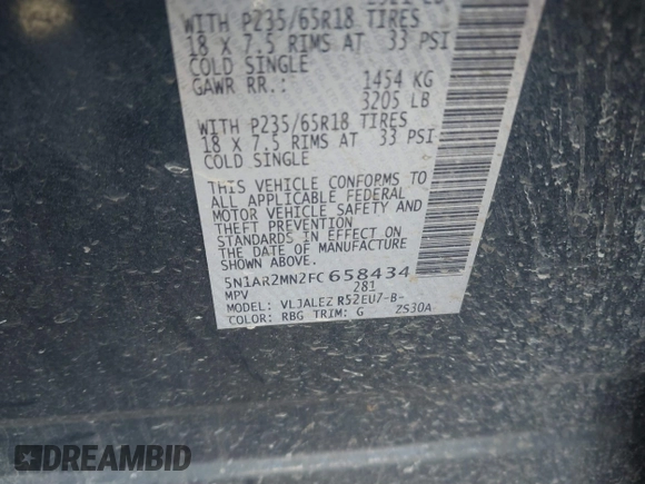 2015 Nissan Pathfinder Platinum with VIN 5N1AR2MN2FC658434, listed as a IAAI auction lot 41397102 with 162,500 mi miles and . Bid and sale history available at DreamBid. Image 9.
