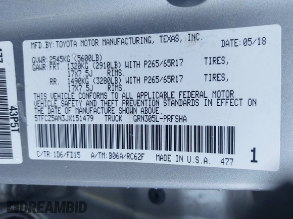 2018 Toyota Tacoma SR with VIN 5TFCZ5AN3JX151479, listed as a IAAI auction lot 41428376 with 104,717 mi miles. Bid and sale history available at carsss.com. Image 9.