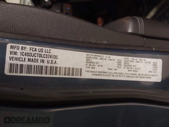 2020 Dodge Durango R/T с VIN 1C4SDJCT0LC374135, выставлен на аукционе IAAI как лот 41696028 с пробегом 72 271 миль миль и . История ставок и продаж доступна на DreamBid. Изображение 9.