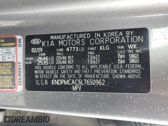 2020 Kia Sportage LX z VIN KNDPMCAC6L7650962, wystawiony jako Copart lot #42607465 z przebiegiem 56 021 mil mil oraz Szkoda całkowita • Salvage title. Historia ofert i sprzedaży dostępna na DreamBid. Obrazek 13.
