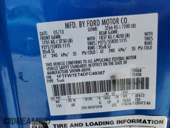 2013 Ford F-150 XL z VIN 1FTFW1ET4DFC49387, wystawiony jako Copart lot #58272225 z przebiegiem 87 343 mil mil oraz Szkoda całkowita • Salvage title. Historia ofert i sprzedaży dostępna na DreamBid. Obrazek 12.