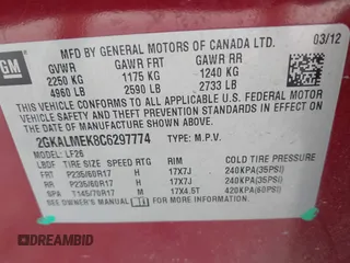 2012 GMC Terrain SLE-1 with VIN 2GKALMEK8C6297774, listed as a IAAI auction lot 42321346 with 152,092 mi miles and . Bid and sale history available at DreamBid. Image 9.