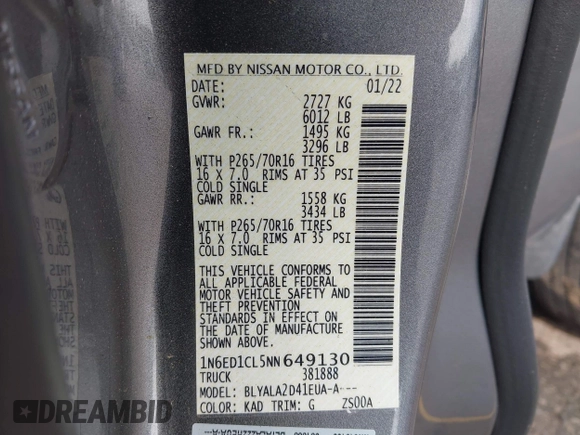 2022 Nissan Frontier S with VIN 1N6ED1CL5NN649130, listed as a IAAI auction lot 42060228 with 49,663 mi miles and . Bid and sale history available at DreamBid. Image 9.