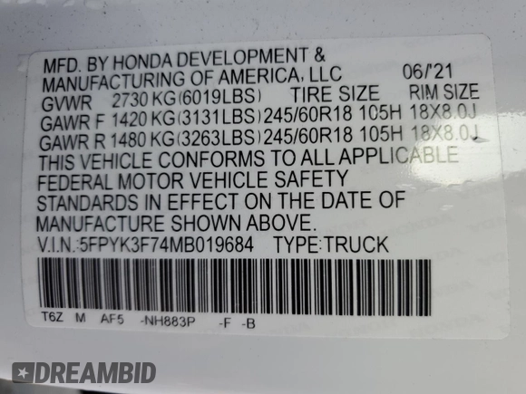 2021 Honda Ridgeline RTL-E with VIN 5FPYK3F74MB019684, listed as a Copart auction lot 42140235 with 31,223 mi miles and Salvage title. Bid and sale history available at DreamBid. Image 12.