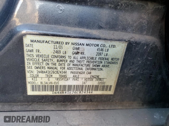 2006 Nissan Maxima SL with VIN 1N4BA41E26C824344, listed as a Copart auction lot 86774184 with 188,581 mi miles and Salvage title. Bid and sale history available at DreamBid. Image 13.