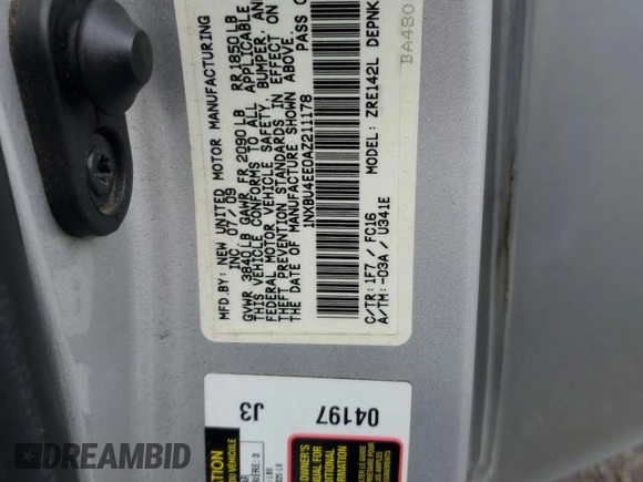 2010 Toyota Corolla with VIN 1NXBU4EE0AZ211178, listed as a Copart auction lot 59043055 with 182,374 mi miles and Salvage title. Bid and sale history available at DreamBid. Image 12.