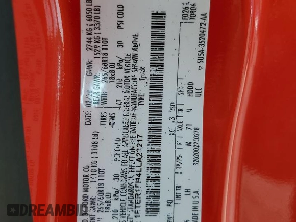2020 Ford Ranger XL with VIN 1FTER1FH4LLA23217, listed as a Copart auction lot 59341035 with 87,302 mi miles and Salvage title. Bid and sale history available at DreamBid. Image 12.