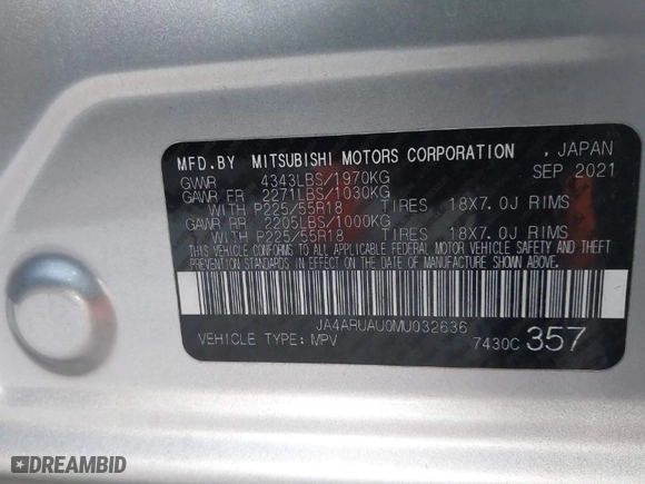 2021 Mitsubishi Outlander Sport ES with VIN JA4ARUAU0MU032636, listed as a IAAI auction lot 41750982 with 62,179 mi miles. Bid and sale history available at carsss.com. Image 9.