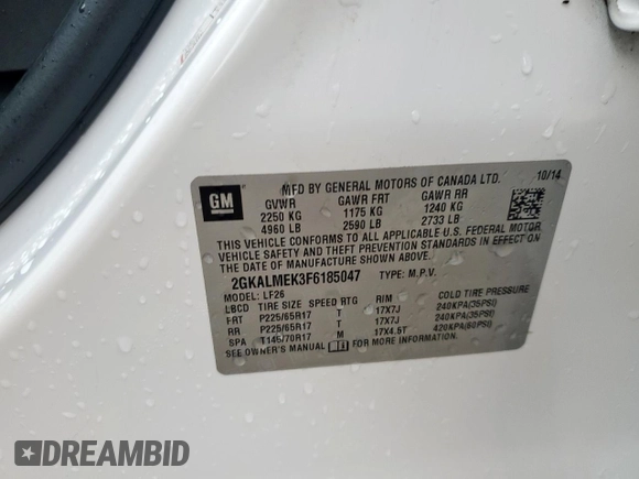 2015 GMC Terrain SLE с VIN 2GKALMEK3F6185047, выставлен на аукционе Copart как лот 55462175 с пробегом 56 971 миль миль и Чистый • Clean title. История ставок и продаж доступна на DreamBid. Изображение 13.