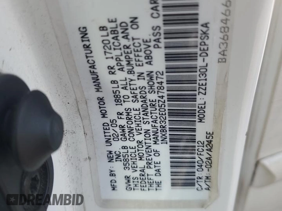 2005 Toyota Corolla CE with VIN 1NXBR32E05Z478472, listed as a Copart auction lot 62762995 with 215,258 mi miles and Clean title. Bid and sale history available at DreamBid. Image 12.