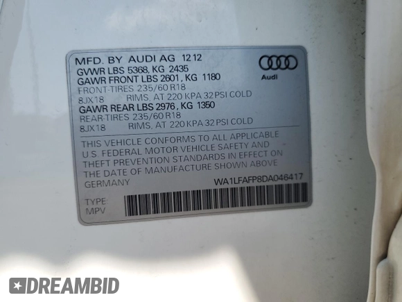 2013 Audi Q5 Premium Plus с VIN WA1LFAFP8DA046417, выставлен на аукционе Copart как лот 65513545 с пробегом 96 692 миль миль и Списание • Salvage title. История ставок и продаж доступна на DreamBid. Изображение 13.