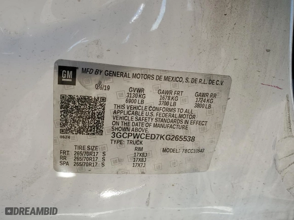 2019 Chevrolet Silverado 1500 LT with VIN 3GCPWCED7KG265538, listed as a Copart auction lot 42004655 with 69,933 mi miles and Salvage Title. Bid and sale history available at carsss.com. Image 12.