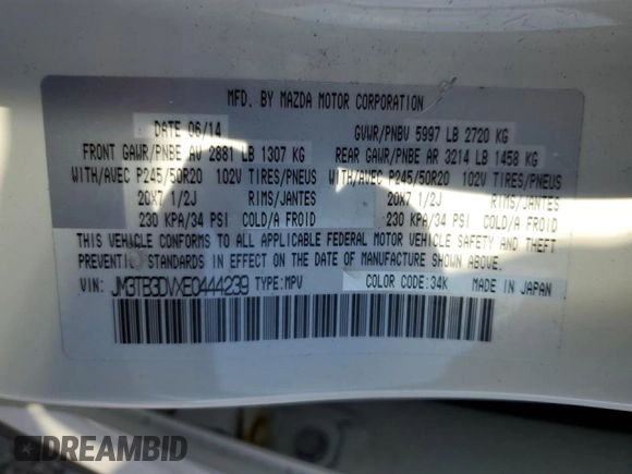 2014 Mazda CX-9 Grand Touring with VIN JM3TB3DVXE0444239, listed as a Copart auction lot 48280945 with 108,406 mi miles and Clean Title. Bid and sale history available at DreamBid. Image 13.