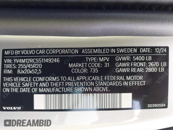 2025 Volvo XC60 Plus с VIN YV4M12RC5S1149246, выставлен на аукционе IAAI как лот 42533801 с пробегом 5 600 миль миль и . История ставок и продаж доступна на DreamBid. Изображение 9.