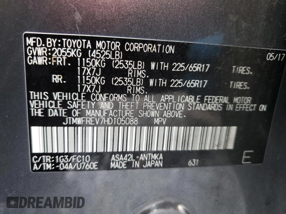 2017 Toyota RAV4 XLE with VIN JTMWFREV7HD105088, listed as a Copart auction lot 53138545 with 88,964 mi miles and Salvage Title. Bid and sale history available at DreamBid. Image 16.