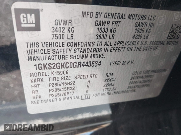 2016 GMC Yukon XL SLT with VIN 1GKS2GKC0GR443634, listed as a IAAI auction lot 41379064 with 121,744 mi miles. Bid and sale history available at carsss.com. Image 9.