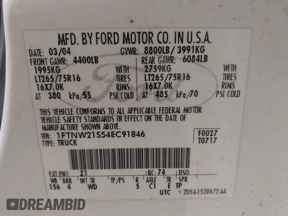 2004 Ford F-250 XL с VIN 1FTNW21S54EC91846, выставлен на аукционе IAAI как лот 42067319 с пробегом 123 329 миль миль и . История ставок и продаж доступна на DreamBid. Изображение 9.