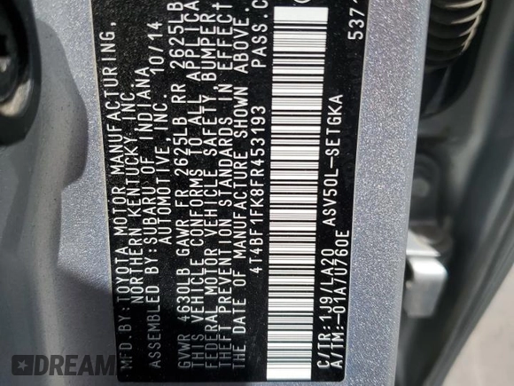2015 Toyota Camry XLE с VIN 4T4BF1FK8FR453193, выставлен на аукционе Copart как лот 56962075 с пробегом 171 173 миль миль и Списание • Salvage title. История ставок и продаж доступна на DreamBid. Изображение 12.