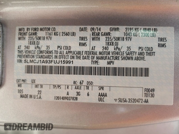 2015 Lincoln MKC z VIN 5LMCJ1A93FUJ15991, wystawiony jako Copart lot #52966915 z przebiegiem 119 140 mil mil oraz Szkoda całkowita • Salvage title. Historia ofert i sprzedaży dostępna na DreamBid. Obrazek 14.