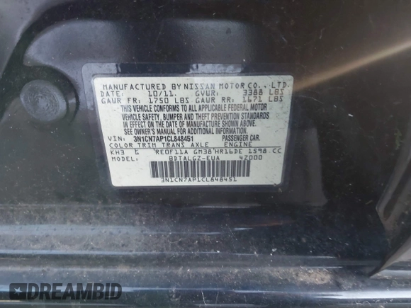 2012 Nissan Versa SV with VIN 3N1CN7AP1CL848451, listed as a IAAI auction lot 41390121 with 54,694 mi miles. Bid and sale history available at carsss.com. Image 9.