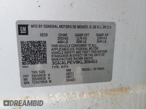 2019 GMC Terrain SLT z VIN 3GKALPEV9KL308495, wystawiony jako Copart lot #49771035 z przebiegiem 185 325 mil mil oraz Szkoda całkowita • Salvage title. Historia ofert i sprzedaży dostępna na DreamBid. Obrazek 15.