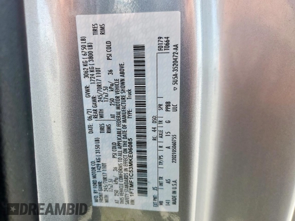 2021 Ford F-150 XL with VIN 1FTMF1C53MKE06085, listed as a Copart auction lot 51388915 with 119,218 mi miles and Clean title. Bid and sale history available at DreamBid. Image 13.