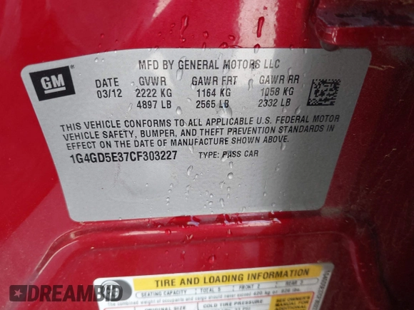 2012 Buick LaCrosse Premium 1 with VIN 1G4GD5E37CF303227, listed as a IAAI auction lot 42053437 with 108,705 mi miles and . Bid and sale history available at DreamBid. Image 9.