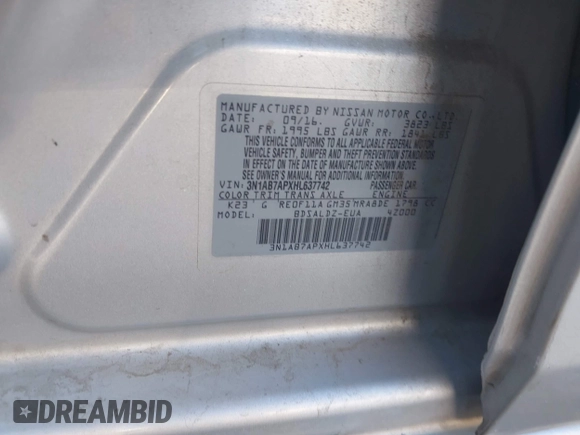 2017 Nissan Sentra SV z VIN 3N1AB7APXHL637742, wystawiony jako IAAI lot #42339155 z przebiegiem 125 933 mil mil oraz . Historia ofert i sprzedaży dostępna na DreamBid. Obrazek 9.