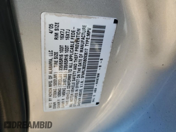 2005 Honda Odyssey LX with VIN 5FNRL38205B093617, listed as a Copart auction lot 49765025 with 271,363 mi miles and Salvage title. Bid and sale history available at DreamBid. Image 13.