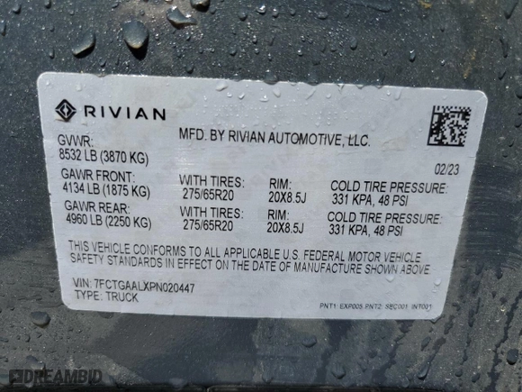 2023 Rivian R1T Launch Edition with VIN 7FCTGAALXPN020447, listed as a Copart auction lot 54154844 with 9,527 mi miles and Non Repairable. Bid and sale history available at carsss.com. Image 12.