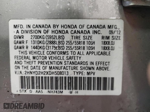 2013 Acura MDX with VIN 2HNYD2H2XDH508013, listed as a Copart auction lot 89399555 with 67,243 mi miles and Clean Title. Bid and sale history available at carsss.com. Image 13.