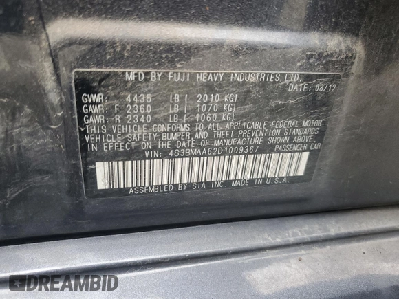 2013 Subaru Legacy 2.5i with VIN 4S3BMAA62D1009367, listed as a Copart auction lot 47568185 with 95,123 mi miles and Salvage title. Bid and sale history available at DreamBid. Image 13.