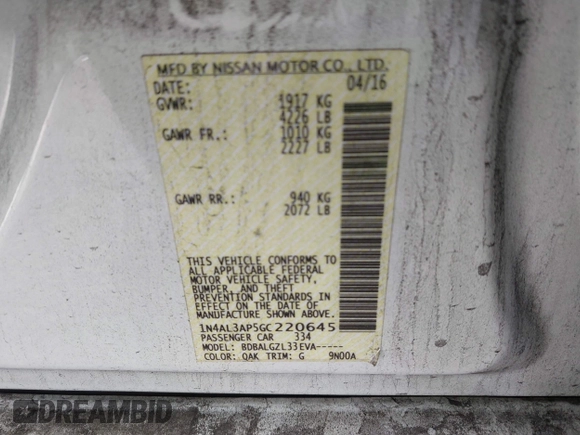 2016 Nissan Altima SR with VIN 1N4AL3AP5GC220645, listed as a IAAI auction lot 41938564 with 202,222 mi miles and . Bid and sale history available at carsss.com. Image 9.