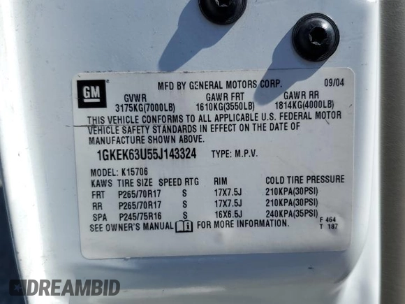 2005 GMC Yukon Denali z VIN 1GKEK63U55J143324, wystawiony jako Copart lot #59000695 z przebiegiem Nie podano mil oraz Szkoda całkowita • Salvage title. Historia ofert i sprzedaży dostępna na DreamBid. Obrazek 13.