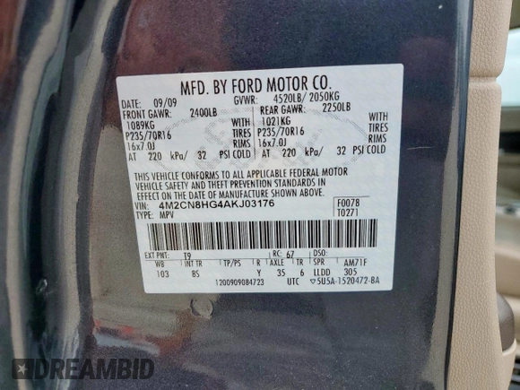 2010 Mercury Mariner Premier с VIN 4M2CN8HG4AKJ03176, выставлен на аукционе Copart как лот 57462235 с пробегом 107 202 миль миль и Чистый • Clean title. История ставок и продаж доступна на DreamBid. Изображение 13.