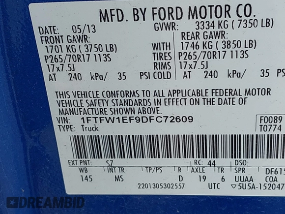 2013 Ford F-150 XL with VIN 1FTFW1EF9DFC72609, listed as a IAAI auction lot 42150526 with 229,000 mi miles. Bid and sale history available at carsss.com. Image 9.