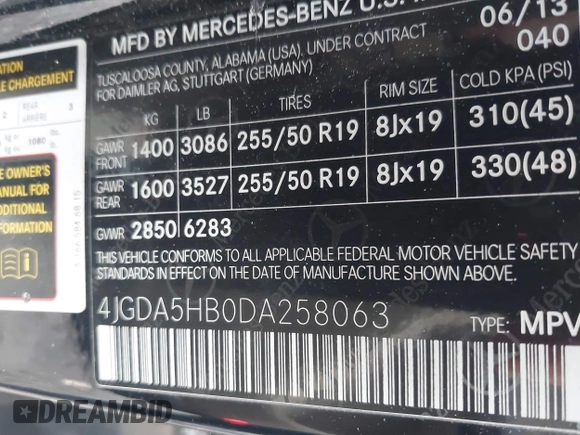 2013 Mercedes-Benz M 350 with VIN 4JGDA5HB0DA258063, listed as a IAAI auction lot 41479903 with 235,866 mi miles and . Bid and sale history available at DreamBid. Image 9.