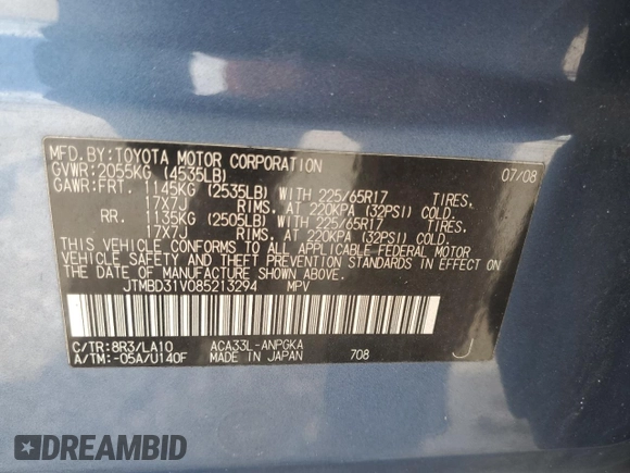 2008 Toyota RAV4 Limited z VIN JTMBD31V085213294, wystawiony jako Copart lot #65047915 z przebiegiem 165 860 mil mil oraz Czysty tytuł • Clean title. Historia ofert i sprzedaży dostępna na DreamBid. Obrazek 13.
