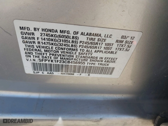 2012 Honda Ridgeline RT with VIN 5FPYK1F23CB456955, listed as a IAAI auction lot 41765075 with 187,989 mi miles. Bid and sale history available at carsss.com. Image 9.