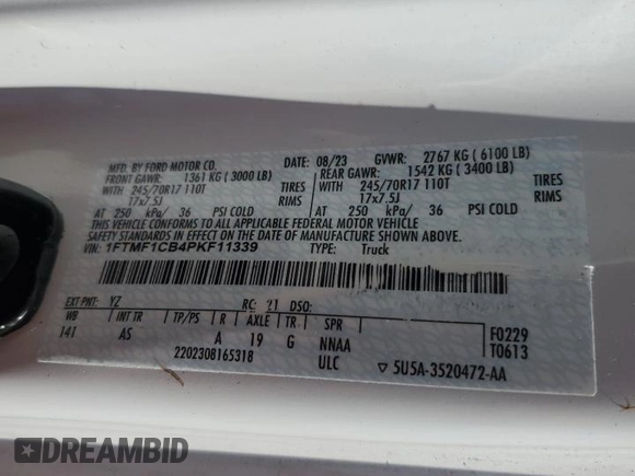 2023 Ford F-150 XL with VIN 1FTMF1CB4PKF11339, listed as a Copart auction lot 57857335 with Not provided miles and Salvage title. Bid and sale history available at DreamBid. Image 12.