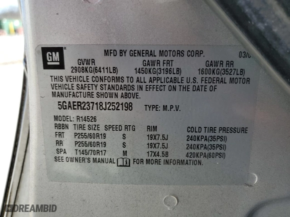 2008 Buick Enclave CXL with VIN 5GAER23718J252198, listed as a Copart auction lot 47239445 with 177,039 mi miles and Salvage Title. Bid and sale history available at carsss.com. Image 14.